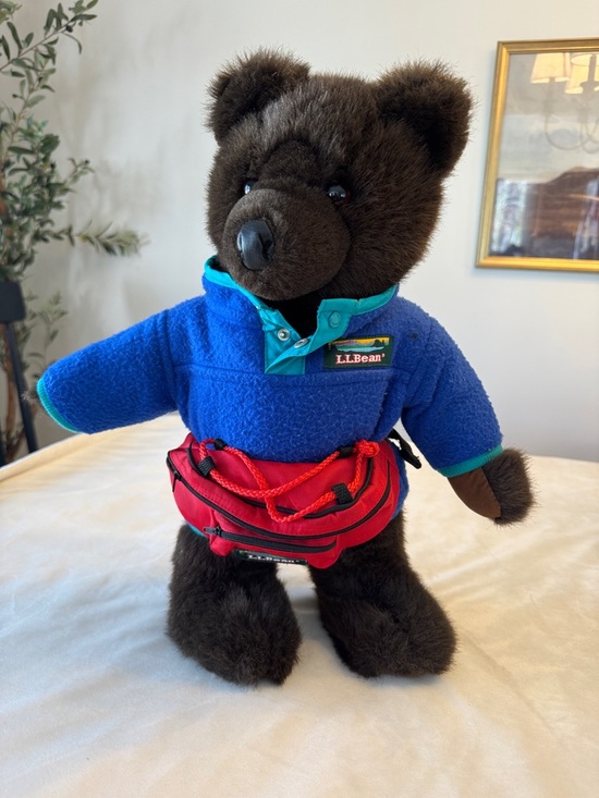L.L. Bean Other - Vintage! L.L. Bean Teddy Plush Dark Brown Bear in Blue Fleece with Red Pack